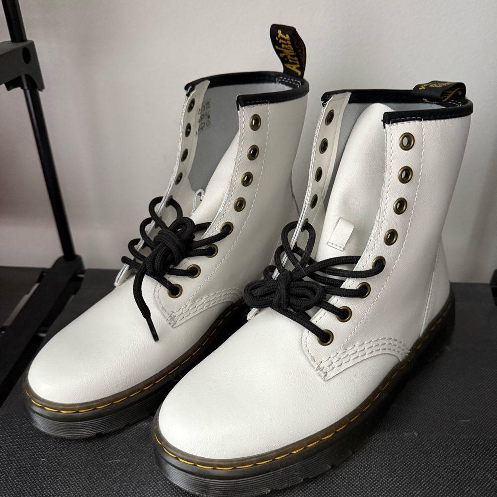 Dr. Martens White Leather Lace-Up Combat Boots with Black Trim